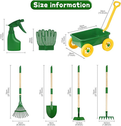 Duckura Kids Gardening Tools Set - 7pcs Wheelbarrow Set Outdoor Toy for Kids with Shovel, Rake, Leaf Rake, Yard Digging Weed Toys, Easter Birthday Gifts for Boys Girls Age 2 3+Years Old(Yellow)