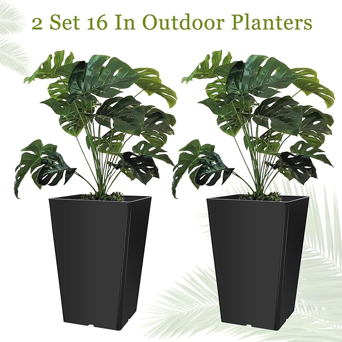 Briwooody Set of 2 15.75 Inch Large Taper Planters Outdoor Indoor Tall Resin Flower Pots with Drainage Holes Modern for Front Door Patio Backyard Plants(Black)