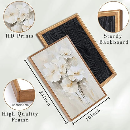 Anyzal Framed Neutral Beige Floral Wall Art Large 16x24 Inch White Cream Flower Canvas Wall Decor Modern Botanical Farmhouse Painting for Living Room Bedroom Dining Room Set of 3