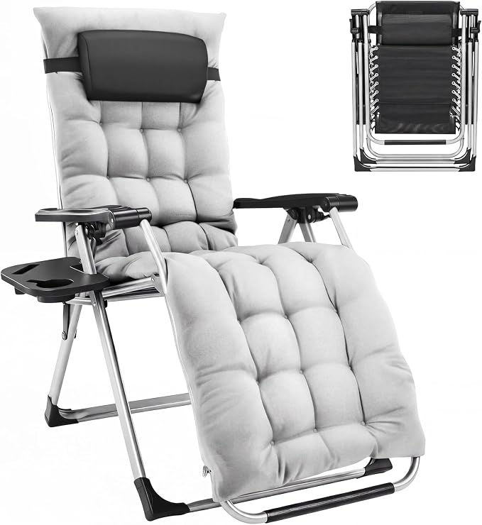 Alpen Premium Outdoor Chaise Lounge Chairs, Zero Gravity Chair with Removable Cushion and Headrest, Lawn Chair with Cup Holder for Reading and Camping, Grey