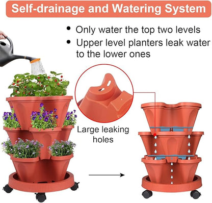 GameXcel Vertical Planter Tower- 3 Tier Stackable Garden Planter with Wheels and Tool Set – Grow Strawberries Herbs Flowers and Vegetables - Indoor Outdoor Use Red
