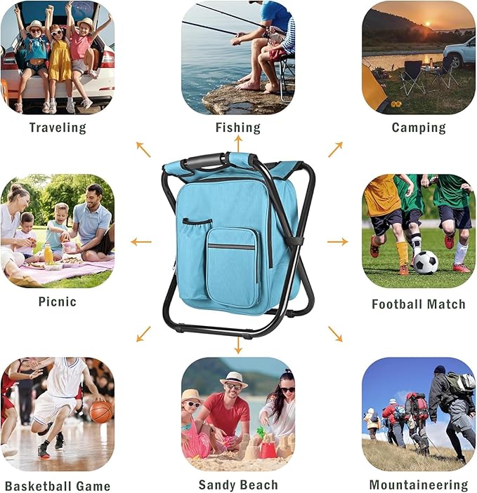 Kikerike Backpack Stool Cooler Chair Heavy Duty 300 LBS Max Load Portable Lightweight Folding Fishing Cooler for Camping Hunting Fishing - Sky Blue