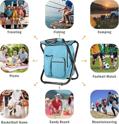 Kikerike Backpack Stool Cooler Chair Heavy Duty 300 LBS Max Load Portable Lightweight Folding Fishing Cooler for Camping Hunting Fishing - Sky Blue