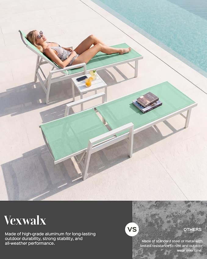 Patio Chaise Lounge Chair Outdoor with Wheels&Armrests, Aluminum Pool Lounge Chairs Set of 2 Five-Position Adjustable Recliner, Outdoor Beach Lounge Chairs for Outside, Patio, Deck, Yard, Light Green