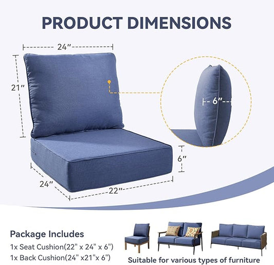 6" Thick Outdoor Chair Cushions - 22"* 24" Patio Furniture Cushions with Water Resistant & Removable Cover, 28D High Density Sponge Patio Cushion for Outdoor Furniture Couch Chair Blue
