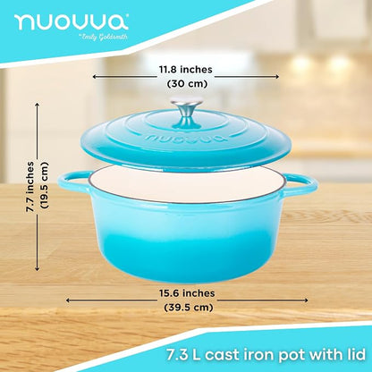 Cast Iron Dutch Oven with Lid - Non-Stick Ovenproof Enamelled Casserole Pot - Sturdy Dutch Oven Cookware - Blue, 7.3- Quart, 30cm- by Nuovva