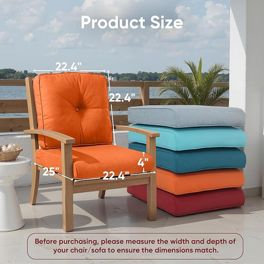 Outdoor Chair Cushion Set, 25 x 22 Deep Seat Cushion, Patio Chair Cushions for Outdoor, Include 1 Seat Cushion and 1 Back Cushion, Orange