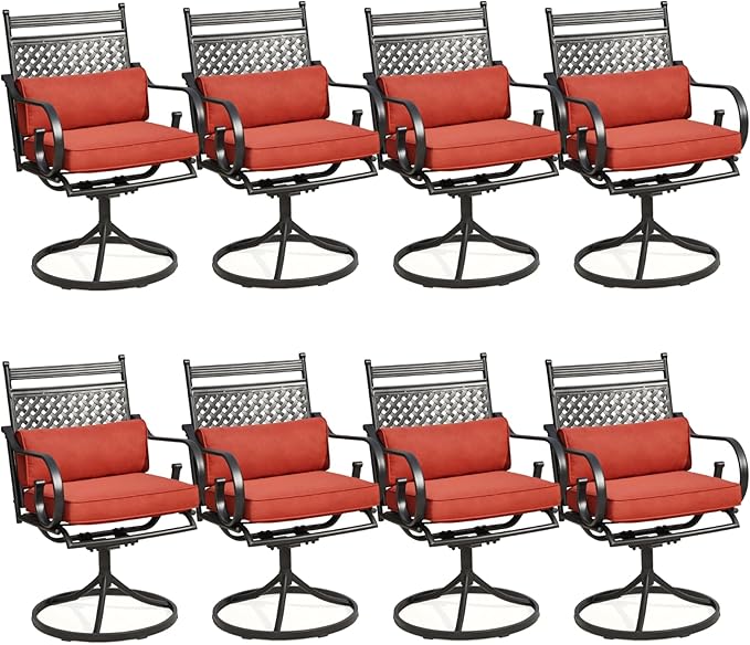 MELLCOM Patio Swivel Chair Set of 8, Heavy Duty Outdoor Dining Chairs with Cushions and Lumbar Pillows, Metal Patio Chairs Gentle Rocker for Outside, Garden Lawn & Porch, Backyard, Red