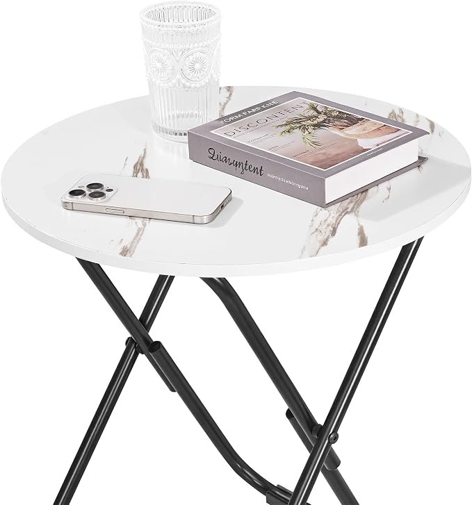 VECELO 17.7" Small Folding Table, Round Patio Outdoor Side Snack Table, Waterproof Wood End Table with Anti-Rust Metal Legs for Living Room Bedroom Garden Yard Balcony Porch
