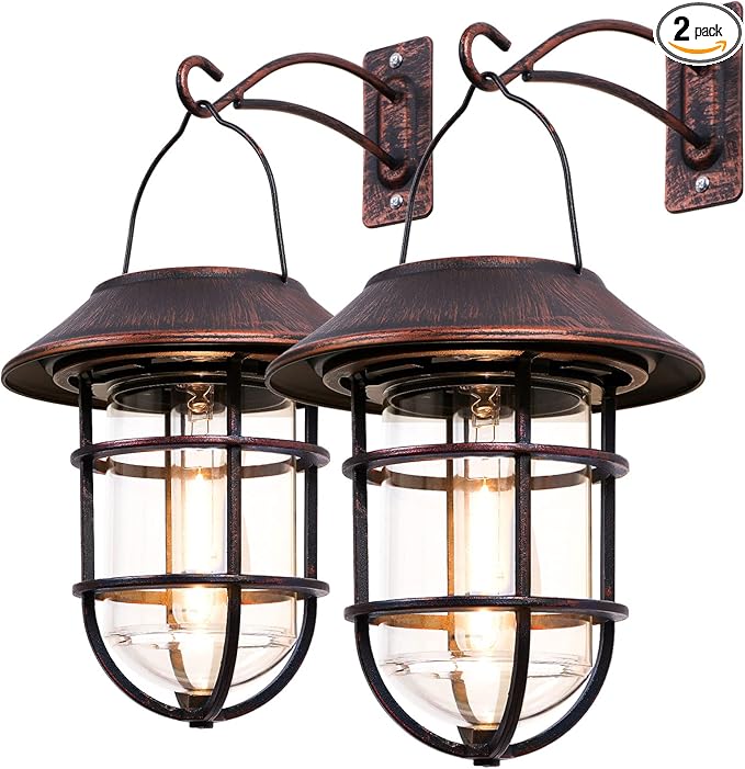 Solar Lantern Outdoor Hanging Solar Lights, Waterproof Metal Outdoor Lights with Clear Glass, LED Decorative Aluminum Wall Lantern with Hooks, Bronze
