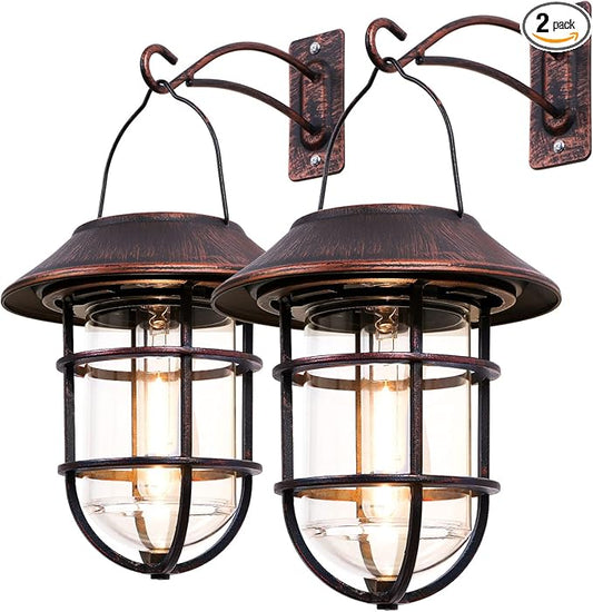 Solar Lantern Outdoor Hanging Solar Lights, Waterproof Metal Outdoor Lights with Clear Glass, LED Decorative Aluminum Wall Lantern with Hooks, Bronze