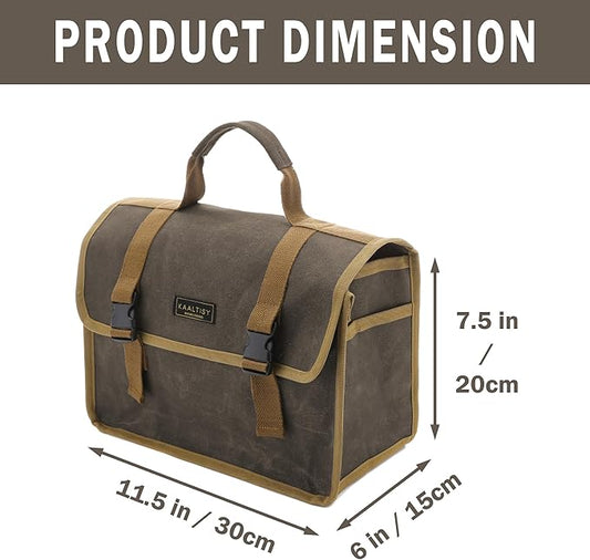 Canvas Tool Storage Bag - Portable Garden Tool Carrying Case with 3 Pockets + 2 Release Buckles, Multi-Purpose 16OZ Waxed Canvas Tool Tote Bag | 11.5"L x 6"W x 7.5"H | Grey