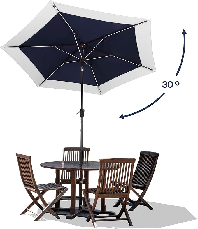 JONATHAN Y UMB1100A Spencer 9 ft. Classic Coastal 2-Tone Solar LED Market Patio Umbrella with 12 LED Strip Lights, Auto-Tilt, Crank and UV Protection in Navy/White