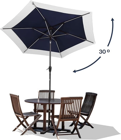 JONATHAN Y UMB1100A Spencer 9 ft. Classic Coastal 2-Tone Solar LED Market Patio Umbrella with 12 LED Strip Lights, Auto-Tilt, Crank and UV Protection in Navy/White