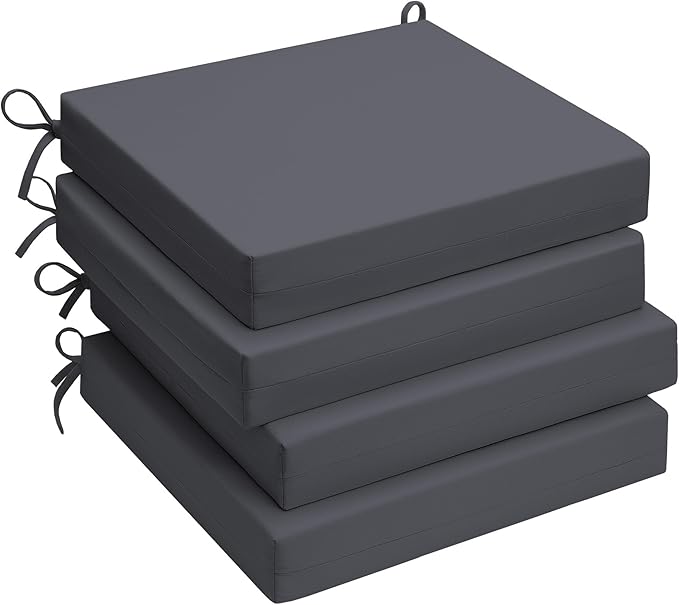 UNIKOME Outdoor Chair Cushions Pack of 4, Water Resistant Patio Cushions with Ties, High Density Sponge Filling Square Corner Seat Cushions for Outdoor Furniture, 18.5"*16"*3", Grey