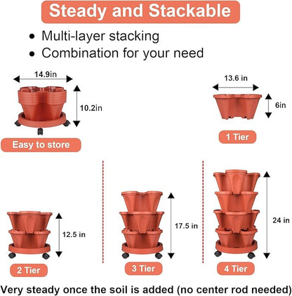 GameXcel Vertical Planter Tower- 4 Tier Stackable Garden Planter with Wheels and Tool Set – Grow Strawberries Herbs Flowers and Vegetables - Indoor Outdoor Use Red