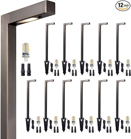 Gardenreet Low Voltage Pathway Lights 12V, LED Landscape Path Lights Outdoor Waterproof, Modern Electric Walkway Lights, L Shape Bronze Garden Decor with 3W 270LM 2700K G4 Bulb 12 Pack