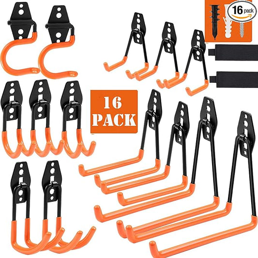 16 Pack Garage Hooks Heavy Duty, Industrial Wall Mount Garage Storage Hooks for Hanging Bike, Ladder and Garden Tools, Organization System with Mop Broom Holders, 100 LBS Capacity, Orange