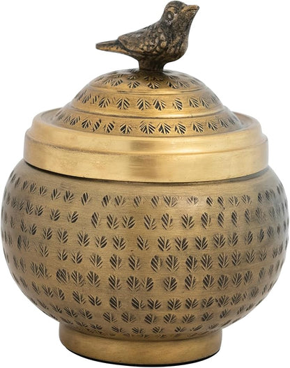 Creative Co-Op Round Hammered Metal Container with Bird Finial, Brass Finish