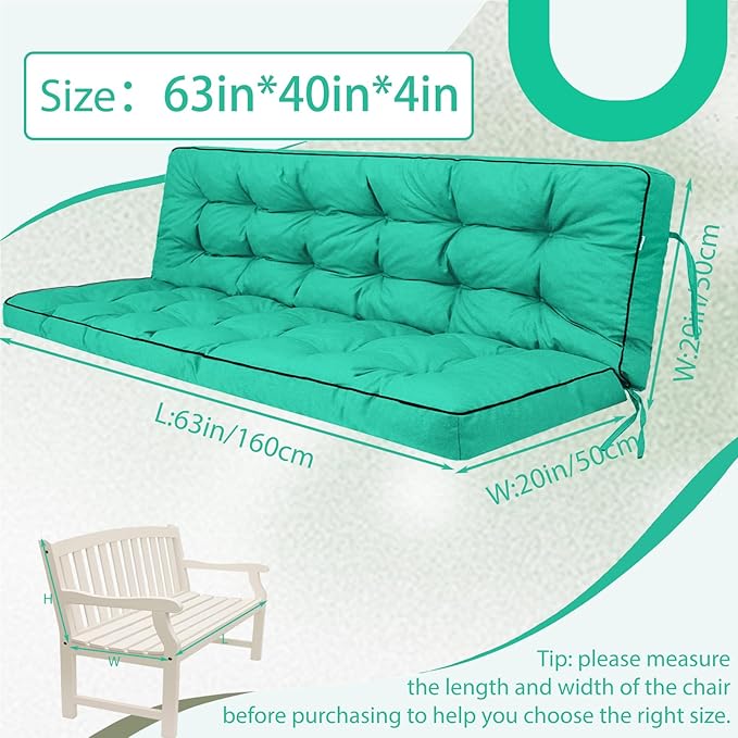 2/3 Seater Swing Replacement Cushion, Waterproof Porch Swing Cushions with Backrest, Thickened Bench Cushions for Outdoor Furniture, for Outdoor Patio Swing (Lake Blue, 63 * 40in)