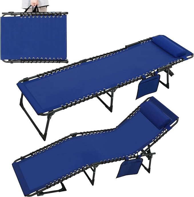 MUPATER 4-Fold Patio Chaise Lounge Chair for Outdoor with Detachable Pocket and Pillow, Portable Sun Lounger Recliner for Beach, Camping and Pool, Blue