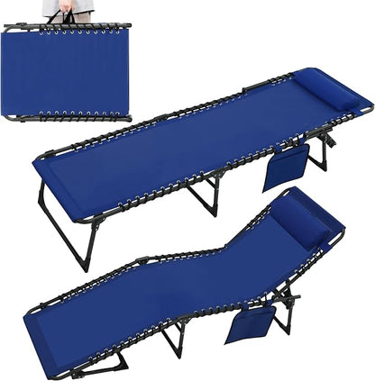 MUPATER 4-Fold Patio Chaise Lounge Chair for Outdoor with Detachable Pocket and Pillow, Portable Sun Lounger Recliner for Beach, Camping and Pool, Blue