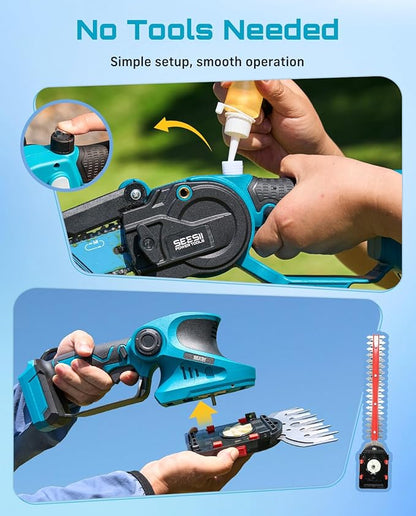 SEESII 3 in 1 Cordless Mini Chainsaw & Hedge Trimmer Combo, 8 Inch Battery Powered Chainsaw with Grass Shear, 800W Brushless Motor, 2x 4000mAh Batteries, Ergonomic Yard Garden Tool Set for Trimming