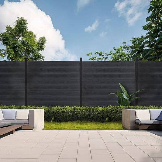 Mondaria Privacy Fence for Outside, 6ftx6ft Outdoor Privacy Panels with In-ground Post, Wind Resistant Wood Plastic Composite Fencing for Patio, Backyard, Garden and Swimming Pool (Black with 1 Post)