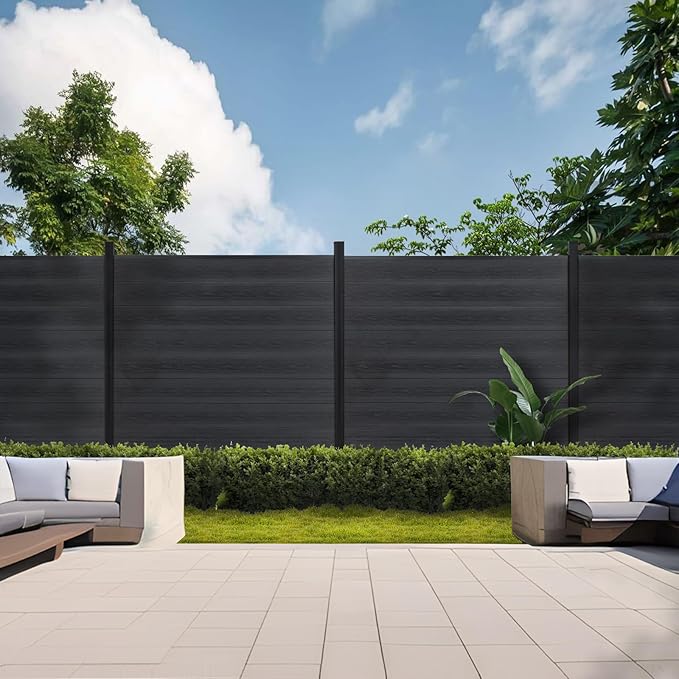 Mondaria Privacy Fence for Outside, 6ftx6ft Outdoor Privacy Panels with In-ground Post, Wind Resistant Wood Plastic Composite Fencing for Patio, Backyard, Garden and Swimming Pool (Black with 2 posts)