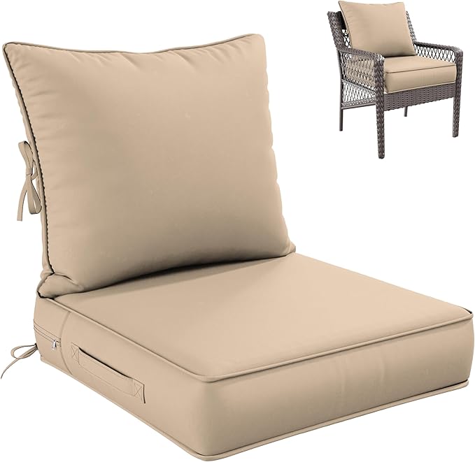 Premium Outdoor Seat Cushion Chair Cushions for Patio Furniture 24 L X 24 W X 5 H Waterproof & Fade Resistant Deep Seat and Backrest Cushion Set with Removable Covers for Chair, Sofa