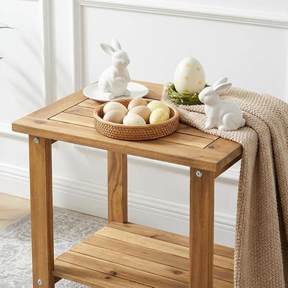 VICTORY RELAX Solid Acacia Wood Side Table with 2-Tier Storage, Weather-Resistant Outdoor Indoor End Table, Light Natural Rustic Color Night Stand