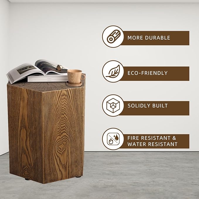 Afterglow Outdoor Hexagonal Side Table, Terrafab Material Natural Decorative Garden Stools, Unique End Table for Living Room Bedroom Patio Home Decor