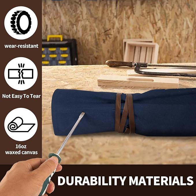 Chisel Roll,Small Tool Roll Pouch,Tool Roll Bag Organizer, Heavy Duty Waxed Canvas Tool Bag, Multi-Purpose Roll-Up Storage Bag for Hand Tools Holder with 6 Pockets Wrench Roll Up Pouch