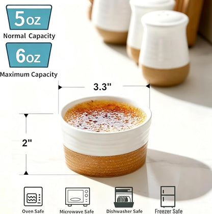 Hasense Ramekins, 6 oz Stoneware Ramekin Oven Safe Set of 6, Mini Ramekins Bowls for Dipping, Brulee, Custard, Farmhouse White Wedding Gift