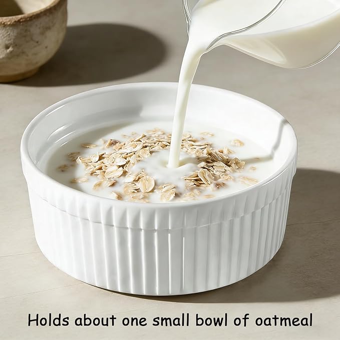 Cinf White 10 oz Set of 4 Souffle Dishes Ramekins Oven Microwave Safe Bowls Creme Brulee Set Sauce Cups for Baking Cooking Dessert Porcelain Pudding Cups