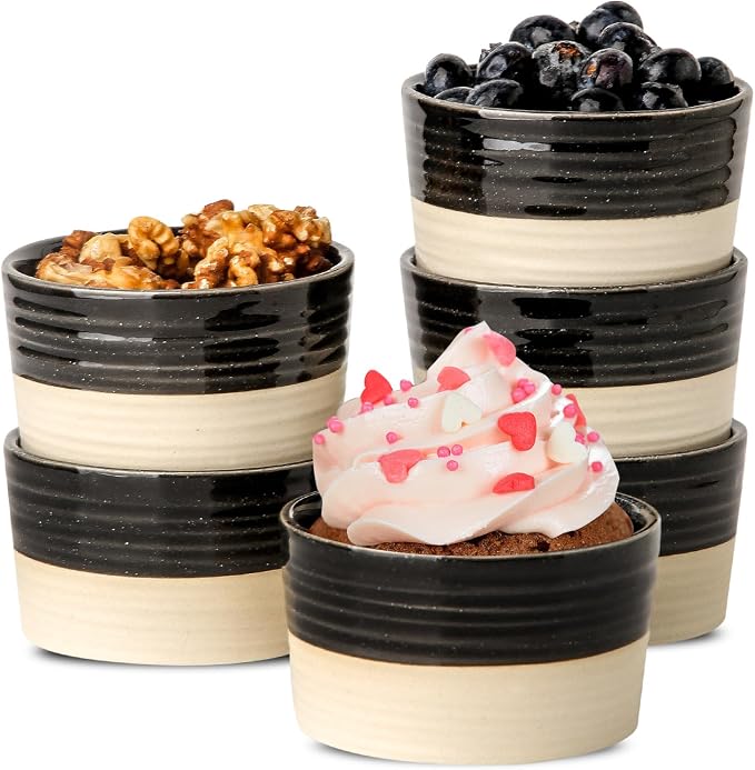 Hasense Ceramic Ramekins Set of 6, 6 Oz Oven Safe Mini Bowls, Black & Beige Farmhouse Ramekins for Creme Brulee, Souffle, Custard & Dipping Sauces
