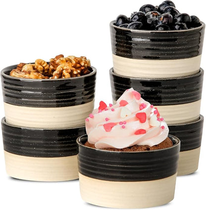 Hasense Ceramic Ramekins Set of 6, 6 Oz Oven Safe Mini Bowls, Black & Beige Farmhouse Ramekins for Creme Brulee, Souffle, Custard & Dipping Sauces
