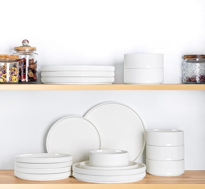 TheTerra Ceramic Dinnerware Set for 8, 24-Piece Plates and Bowls Set | Lightweight Porcelain Dish Set, Scratch Resistant, Oven & Microwave & Dishwasher Safe, Bright White