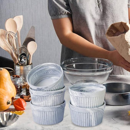 Yundu 8 Ounce Grey Marble Ceramic Ramekins - Perfect for Creme Brulee, Oven Safe Baking Bowls - Set of 6