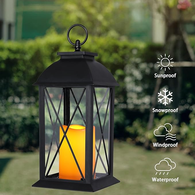 Bdor 2 Pack 13-Inch Black Decorative Lantern with LED Candle (6hr Timer) - IP65 Waterproof Battery Powered - Outdoor Patio Hanging Lanterns Decorative Tabletop Lanterns