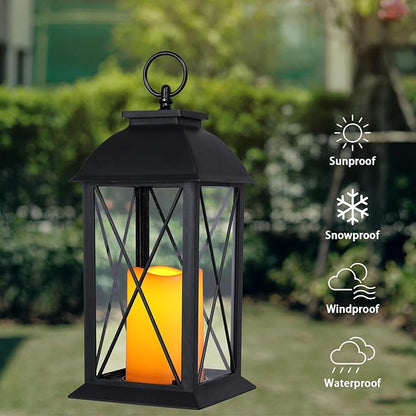 Bdor 2 Pack 13-Inch Black Decorative Lantern with LED Candle (6hr Timer) - IP65 Waterproof Battery Powered - Outdoor Patio Hanging Lanterns Decorative Tabletop Lanterns