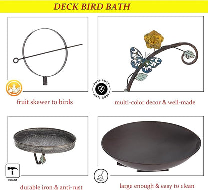 Deck Mounted Bird Bath, 2 in 1 Bird Feeder for Balcony with Fruit Spear, Railing Bird Feeder for Porch Patio Garden