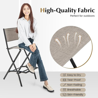 COSTWAY Outdoor Patio Bar Chair Set of 4, Folding Bar Height Stool with Metal Frame & Footrest, Patio Bar Stool for Balcony, Garden & Poolside (4, Coffee)