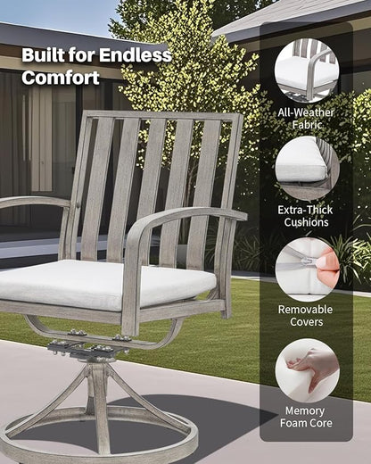 Aluminum Patio Dining Chairs Set of 2, 360°Swivel Outdoor Dining Chairs with Washable Cushions, Deep Seating Swivel Chairs Patio Furniture Set for Deck, Balcony, Garden, Poolside, Limed Oak