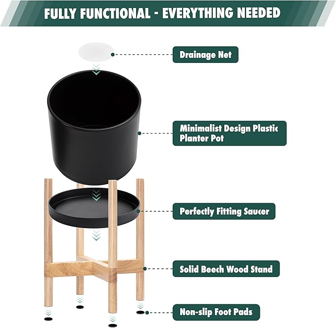 D'vine Dev Planter Pot with Stand - 16 Inch Plastic Cylinder Flower Pot with Wood Planter Holder for Indoor, Matte Black Pot + Natural Stand, 55-C-Y-2