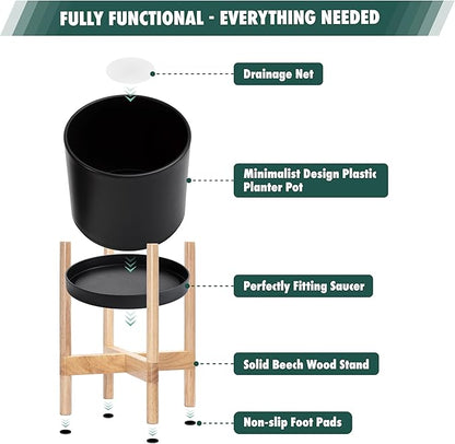 D'vine Dev Planter Pot with Stand - 16 Inch Plastic Cylinder Flower Pot with Wood Planter Holder for Indoor, Matte Black Pot + Natural Stand, 55-C-Y-2