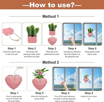 6-Inch Pink Heart Shaped Self-Watering Wall Planter, PLA 3D Printed Wall Mount Planter with Drainage, Space-Saving Indoor Outdoor Planter for Succulents Herbs, Home Office Decor