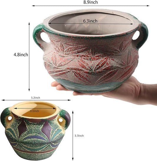 Ceramic Succulent Pot with Drainage Hole, Bohemia Rustic Decorative Planter, Set of 2, Indoor Outdoor