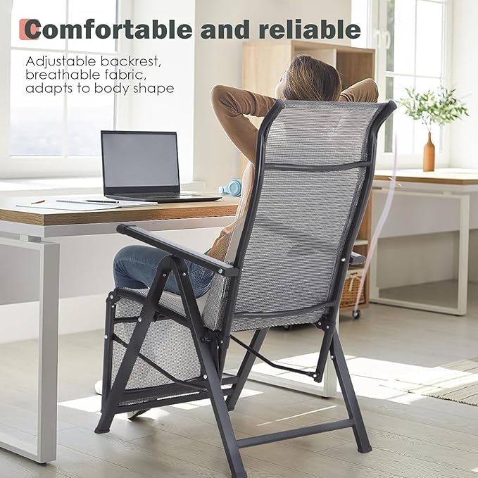 Folding Lounge Chaise,Outdoor Aluminum Beach Chair Tanning Recliners High Backrest with Removable Lumbar Pillow Assemble-Free for Sunbathing Patio Pool Beach Lawn Deck - Grey
