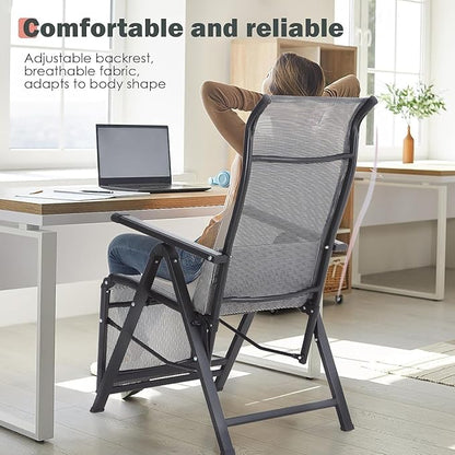 Folding Lounge Chaise,Outdoor Aluminum Beach Chair Tanning Recliners High Backrest with Removable Lumbar Pillow Assemble-Free for Sunbathing Patio Pool Beach Lawn Deck - Grey